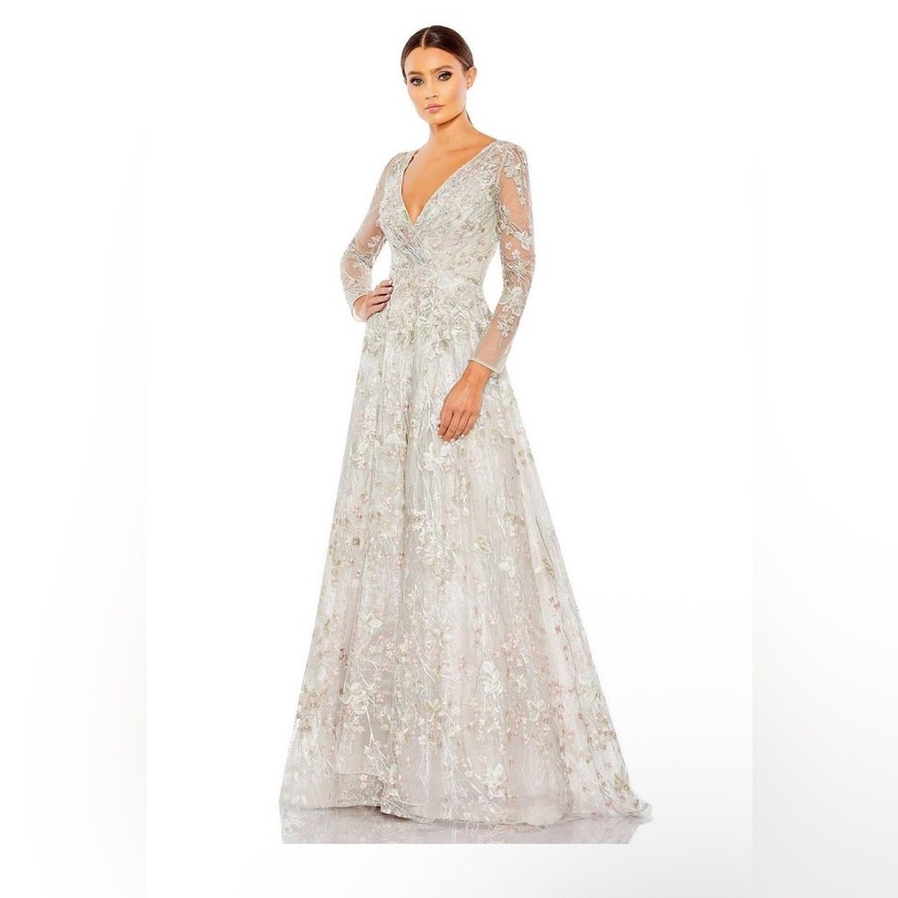 Mac Duggal NWT Floral Embroidered Tulle Gown - Size 12 - Rose/Grey